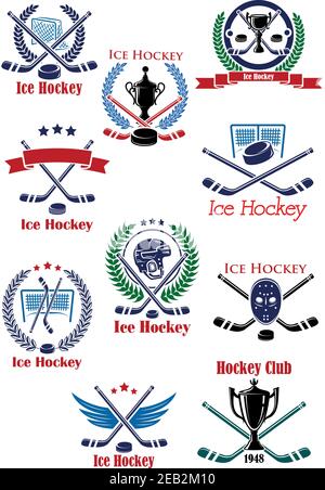 Eishockey-Sportspiel-Embleme mit gekreuzten Stäben in einer Vielzahl von Designs, mit Kränzen, Helm, Netz, Banner, Trophäe, Maske und Flügeln Stock Vektor