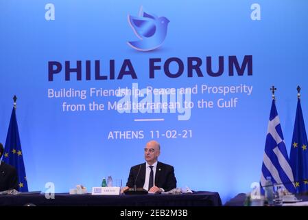 Athen, Griechenland. Februar 2021, 11th. Der griechische Außenminister Nikos Dendias beim Philia Forum. (Foto von Dimitrios Karvountzis/Pacific Press) Quelle: Pacific Press Media Production Corp./Alamy Live News Stockfoto