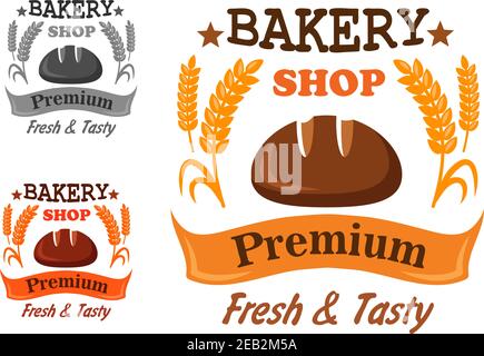 Premium Bäckerei Shop Badge-Design mit einem Laib von frischen Brot und Ähren von reifen goldenen Mais über einem Banner Stock Vektor