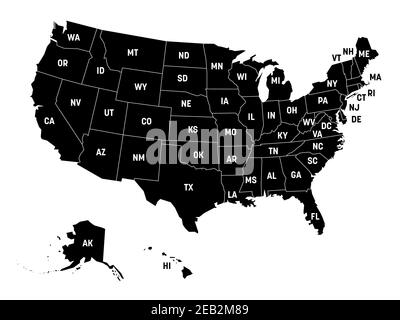 Schwarze Landkarte der Vereinigten Staaten von Amerika, USA, mit staatlichen Abkürzungen. Einfache flache Vektordarstellung Stock Vektor