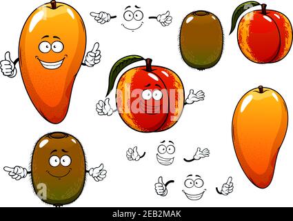 Cartoon süß duftende rötlich orange Mango, Pfirsich und grüne Kiwi Früchte Zeichen mit glücklich lächelnden Gesichtern für frische vegetarische Lebensmittel oder Landwirtschaft Stock Vektor