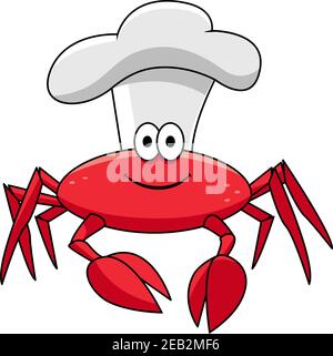 Lächelnde rote Krabbe Koch Cartoon-Figur in weißen Kochhut für Meeresfrüchte, Restaurant oder Menü-Thema Design Stock Vektor