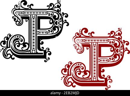 Großbuchstabe P verziert mit ornamentalen Schnörkeln, welligen Linien und verschiedenen Punkten im Retro-Stil. Für mittelalterliche Schrift- oder Monogrammgestaltung Stock Vektor
