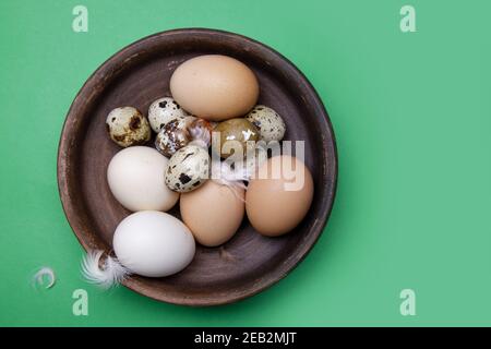 Frische Wachtel und Hühnereier von der Farm in einem Braune Tonplatte Stockfoto