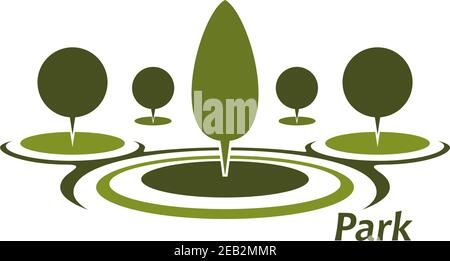 Green Park abstrakte Ikone mit runden grünen Rasen und getrimmt Dekorative Bäume für Natur- oder Landschaftsgestaltung Stock Vektor