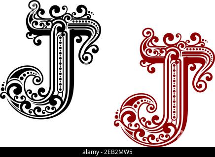 Vintage rot und schwarz Großbuchstabe J im mittelalterlichen Monogramm-Stil, geschmückt durch komplizierte kurvige Linien, Curlicues und kalligraphische dekorative Elemente Stock Vektor
