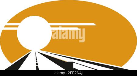 Symbol der Autobahn bei Sonnenuntergang mit goldenem Abendhimmel, Sonne über Straße und mediane Barriere für Transport oder Reise-Design Stock Vektor