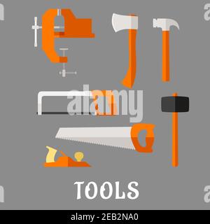 Tischler und DIY Werkzeug flache Icons mit Axt, Hammer, Handsäge, Klauenhammer, Schraubstock, Wagenheber und Bügelsäge mit Text Werkzeuge unten, für Industrie de Stock Vektor
