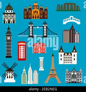 Weltreise Wahrzeichen in flachem Stil mit Architektur von Frankreich, Großbritannien, Griechenland, USA, Australien und Italien Stock Vektor