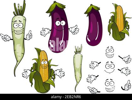 COB von süßen Mais, weiß daikon Rettich und violette Auberginen Gemüse Cartoon-Figuren mit frischen grünen Blättern für vegetarische Lebensmittel oder Landwirtschaft de Stock Vektor