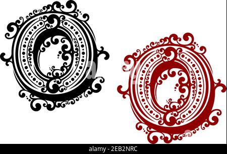 Rot-schwarzer Großbuchstabe O, geschmückt mit lockigen Ornamentelementen und runden Punkten im Retro-Stil. Für Kalligraphie Gravur Design Stock Vektor