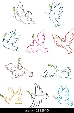 Fliegende Tauben mit grünen Olivenbaumbästen isoliert auf weißem Hintergrund. Frieden konzeptionelle Ikonen, für Religion oder Freiheit Design Stock Vektor