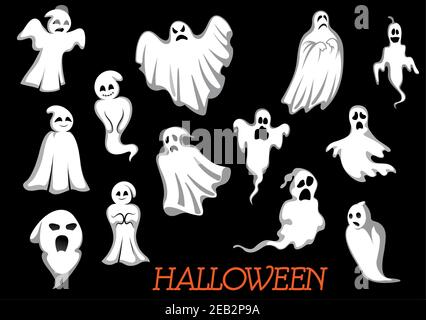 Weiß fliegende Halloween Monster und Geister isoliert auf Hintergrund, für Party Einladung Design Stock Vektor