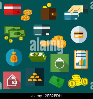 Finanzen, Geschäft und Geld flache Symbole von Dollar-Scheine und Goldmünzen, Stapel von Goldbarren, Brieftasche, Geldbeutel, Bankkarten und Finanzbericht Stock Vektor