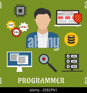 Programmierer Beruf flache Symbole mit Mann umkreist von Laptop mit Antivirus, Desktop-Computer, Mikrochip, Datenbank und Server, Virus, Vergrößerungs gla Stock Vektor
