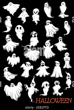 Großes Set von Halloween fliegenden Geistern auf dunklem Hintergrund für Feiertagsmotiv Stock Vektor