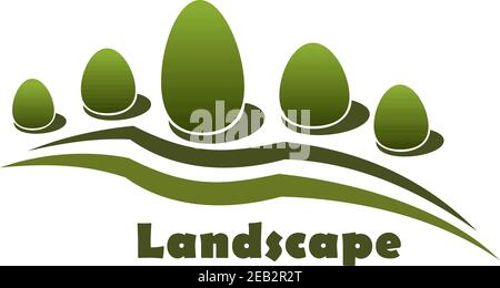 Garten oder Parklandschaft Ikone mit grünen Büschen, Bäumen und Rasen, isoliert auf weißem Hintergrund für Naturdesign Stock Vektor