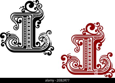 Dekorativer Großbuchstabe I in roten und schwarzen Farbvariationen, geschmückt mit Retro-Ornamenten mit Punkten und floralen Curlicues. Für Monogramm- oder Schriftdesign Stock Vektor