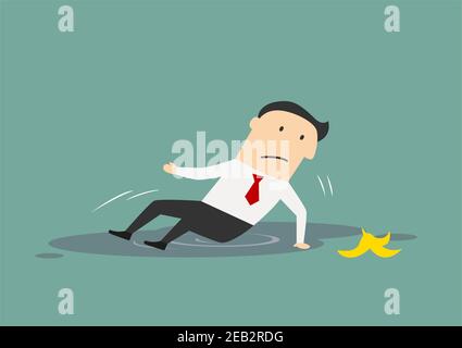 Geschäftsmann rutschte auf einer Bananenschale und fiel in eine Pfütze, für Fehler oder Fehler Konzept-Design. Flacher Cartoon-Stil Stock Vektor