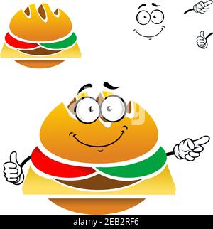 Hausgemachte leckere Cheeseburger Cartoon-Figur mit frischen Tomaten, Gurken und schweizer Käse isoliert auf weiß Stock Vektor