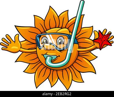 Happy Cartoon Sonne Charakter in Tauchermaske und Schnorchel mit roten Seestern in der Hand isoliert auf weißem Hintergrund. Für Urlaub, Reisen oder Maskottchen Design Stock Vektor