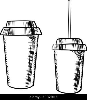 Take-away-Becher für Kaffee und Limonaden mit Deckel und Trinkhalm für Fast-Food-Thema, Skizze Stil Stock Vektor