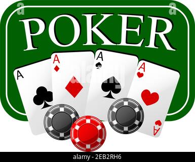 Poker Emblem mit vier Assen und Spielchips mit grün Tabelle auf dem Hintergrund für Casino-Thema Design Stock Vektor