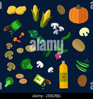 Frisches und Konservengemüse flache Symbole mit Kartoffeln, Champignons, Kürbis, Brokkoli, Rettich, frisch und Konservengrün Erbsenfrüchte und Maisgemüse, Sonnenblume Stock Vektor
