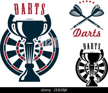 Darts Spiel Symbole mit Trophäe Tasse auf Dartscheibe und gekreuzt Pfeile geschmückt von Sternen Stock Vektor