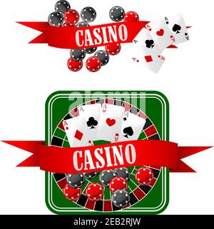 Casino-Symbole mit Gaming-Chips, vier Asse auf Spielkarten, Würfel und Roulette-Tisch, dekoriert von roten Band Banner mit Text Casino Stock Vektor