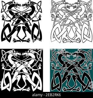 Kampfdrachen im keltischen Stil mit geknüpften Flügeln und Schwänzen In Vintage Ornament Muster für Tattoo oder Wappen Design Stock Vektor