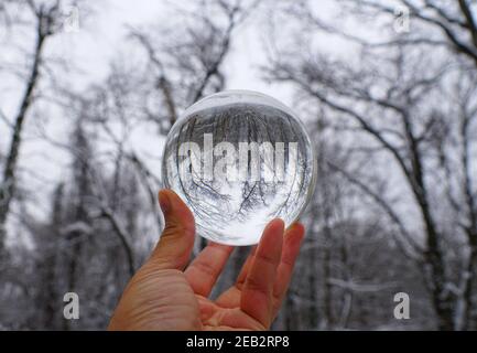 Bäume mit Schnee bedeckt, aufgenommen durch eine Kristalllinsenkugel Stockfoto