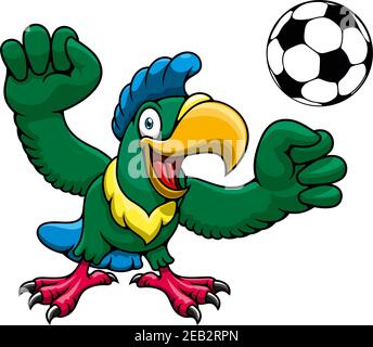 Fröhliche helle Papagei Spieler Cartoon-Figur mit Fußball, für Sportverein oder Team Maskottchen Design Stock Vektor