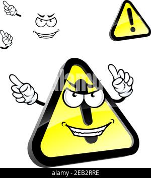 Warnhinweis Achtung Zeichen Cartoon-Figur mit Ausrufezeichen auf gelbem Dreieck mit schwarzem Rand, zeigt Finger weg. Zur Vorsicht oder Gefahr Stock Vektor