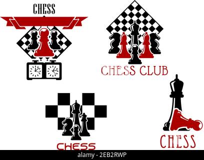 Schachclub und Turniersymbole mit Bauer, Rook, Ritter und König Schachfiguren Stock Vektor