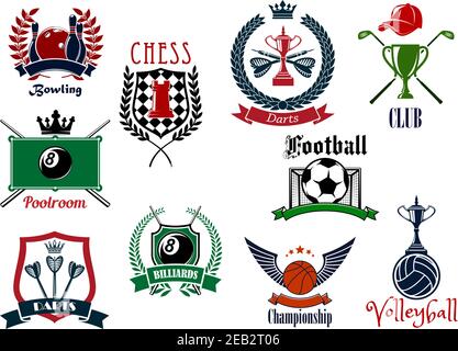 Verschiedene Sportsymbole und Symbole betonen Bowling und Billardraum, Billard und Schach, Darts und Basketball, Volleyball, Golf und Fußball Stock Vektor