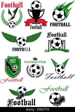 Fußball und Fußball-Ikonen mit Fußballbällen, Schuhen, Trophäe und Tor, verziert mit Flügeln, Flamme, Schild, Kränzen, Bändchen und Krone Stock Vektor