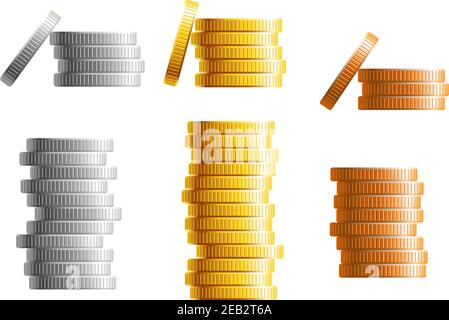 Stapel von Gold, Silber und Bronze-Münzen in verschiedenen Höhen mit Gold die höchste in zwei verschiedenen Varianten mit einer schiefen Münze auf der Seite, Vektor il Stock Vektor