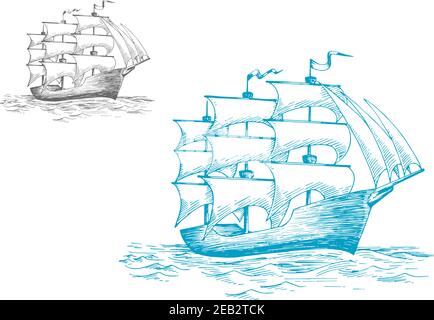 Dreimastiger alter Holzschoner oder Hochschiff unter Vollsegel auf dem Ozean, Skizzenbild Stock Vektor