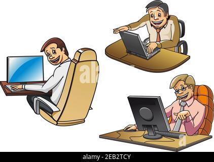 Fröhliche lächelnde Cartoon-Geschäftsleute arbeiten auf Laptop und Desktop-Computer. Isoliert auf weißem Hintergrund, für Geschäfts- oder Technologiekonzept Stock Vektor