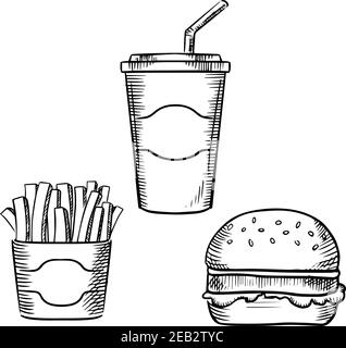 Fast Food Hamburger mit Rindfleisch Patty und Salatblatt, Box mit pommes frites und süße Soda Papierbecher mit Trinkhalm. Skizzenstil Stock Vektor