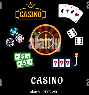 Casino flache Symbole mit Symbolen von Roulette-Rad, Würfel, Spielkarten, Spielchips, Dollar-Scheine, Casino-Schild mit goldener Krone und slot mach Stock Vektor