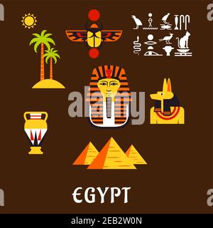 Ägypten Reise und Kultur flache Ikonen mit Gizeh Pyramiden, goldene Maske des pharao, alte Hieroglyphen, Skarabäus Amulett, anubis gott, Amphore und Natur l Stock Vektor