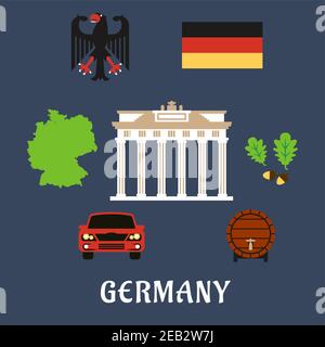 Deutschland National und Reise flache Symbole mit Karte, Flagge, schwarzen Adler Emblem, Eichenzweige, Holzfass Bier, Auto und Brandenburger Tor Stock Vektor