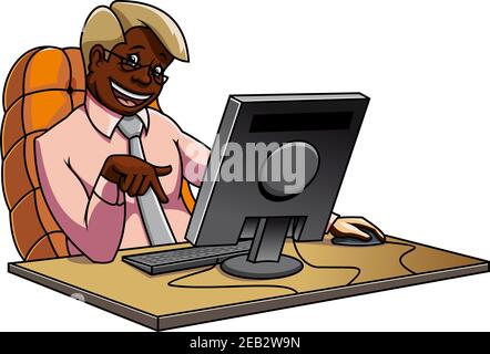 Lächelnder afroamerikanischer Zeichentrickfilm-Geschäftsmann sitzt auf seinem Arbeitsplatz und arbeitet am Desktop-Computer. Für Business- oder Technologie-Themen Design Stock Vektor