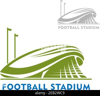 Fußball oder Fußballstadion Gebäude grün Symbol mit Fahnen, isoliert auf weiß. Für Sport-Design Stock Vektor