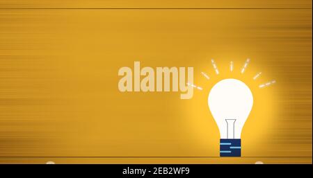 Ein Konzeptbild, das eine neue Idee mit Hilfe von darstellt Eine glühende Glühbirne auf einem gelben Hintergrund Und Platz, um etwas in die Seite zu schreiben Stockfoto