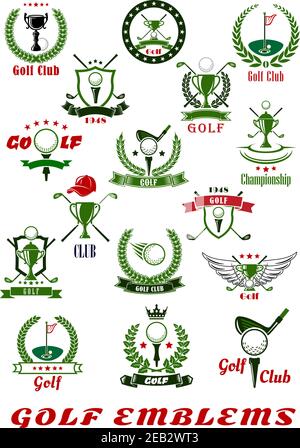 Golf Sport Symbole und Symbole mit Kugeln, Schläger, Pokalbecher und Löcher mit Fahnen, ergänzt durch heraldische Schilde, Kränze und Band Banner wit Stock Vektor