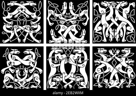 Keltische Tierknotenmuster mit spielenden Wölfen oder Hunden, verziert mit geometrischen Tribal-Ornamenten, für Tattoo oder Wappendesign Stock Vektor