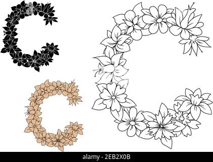 Floraler Großbuchstabe C mit Vintage-Blüten und Knospen im Outline-Stil, mit schwarzen und beigen Farbvariationen Stock Vektor